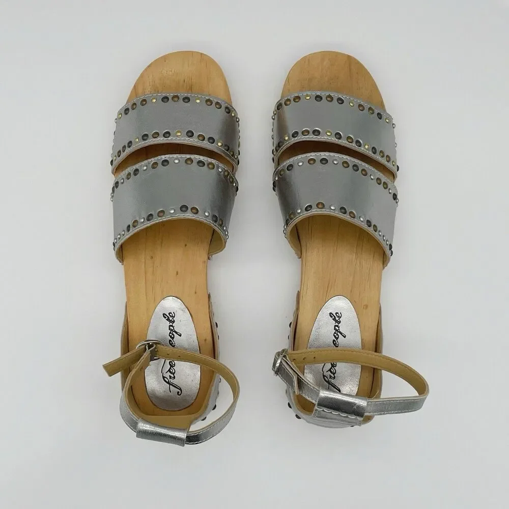 Free People Sandals 10 / 41 North Shore Clog Silver Leather Strappy Studded Wood